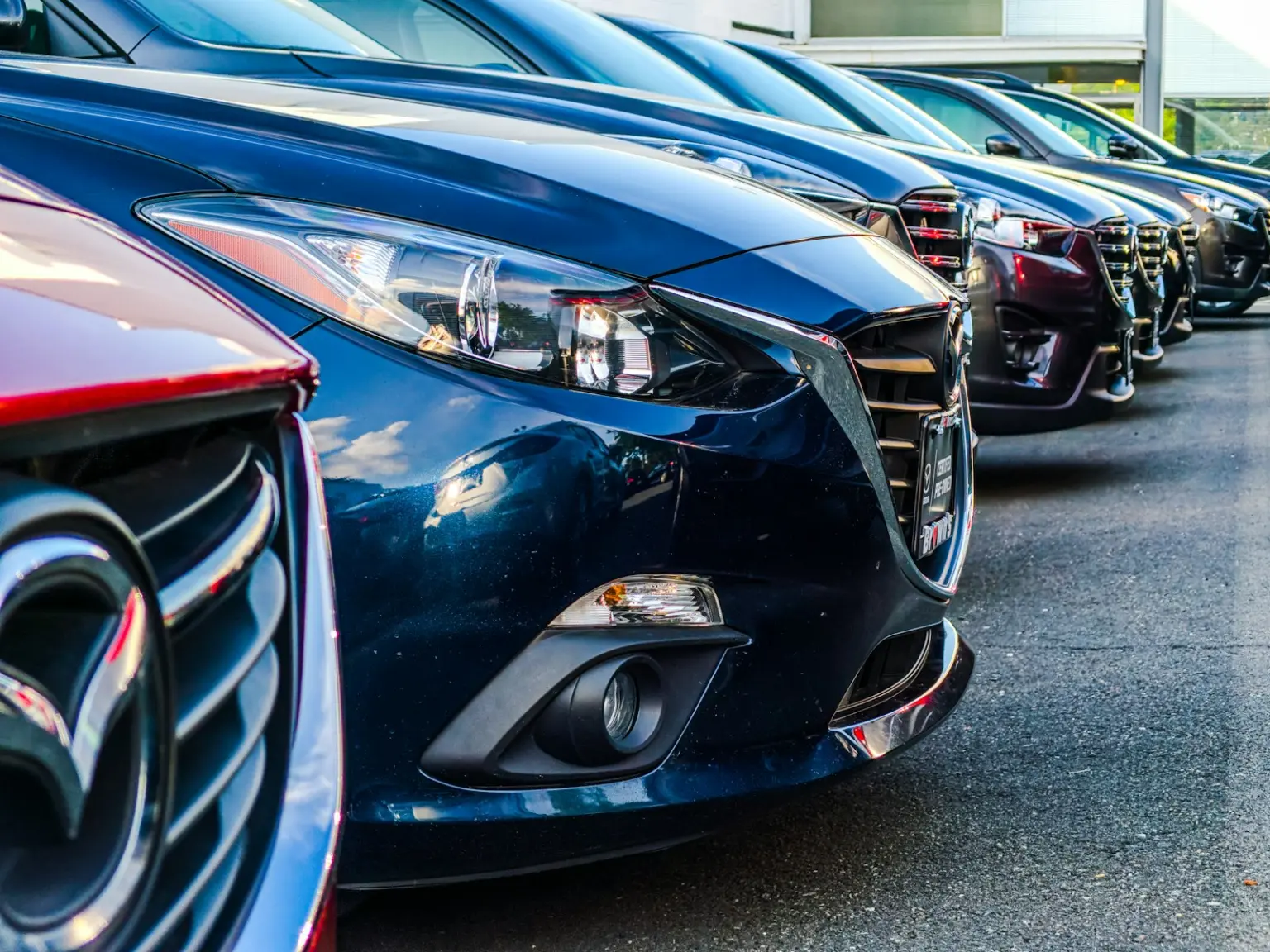 Row of new cars lined up outside